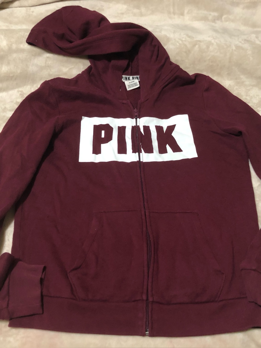 PINK Victoria's Secret Burgundy Zip-Up Hoodie with White Logo